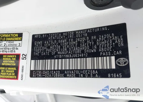 2018 Toyota Camry Se from USA, damaged, VIN 4T1B11HK8JU634812